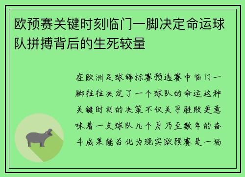 欧预赛关键时刻临门一脚决定命运球队拼搏背后的生死较量