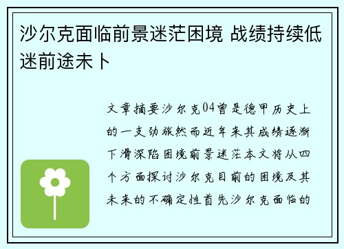 沙尔克面临前景迷茫困境 战绩持续低迷前途未卜