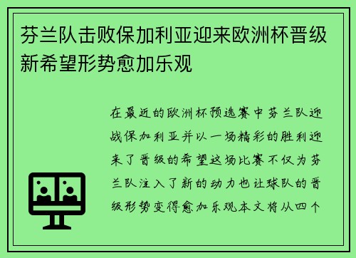 芬兰队击败保加利亚迎来欧洲杯晋级新希望形势愈加乐观