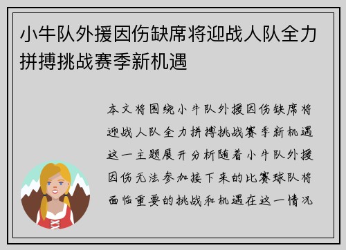 小牛队外援因伤缺席将迎战人队全力拼搏挑战赛季新机遇