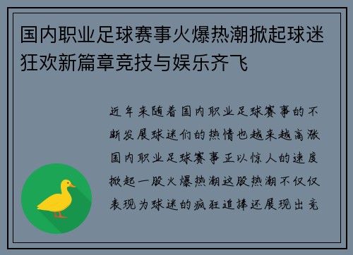 国内职业足球赛事火爆热潮掀起球迷狂欢新篇章竞技与娱乐齐飞