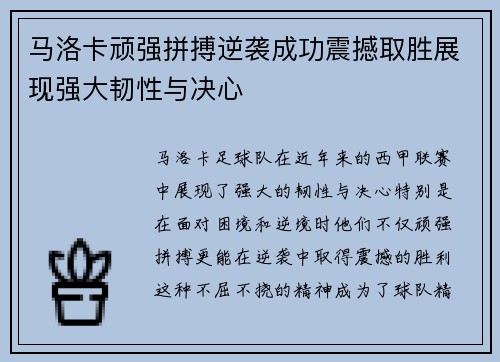 马洛卡顽强拼搏逆袭成功震撼取胜展现强大韧性与决心